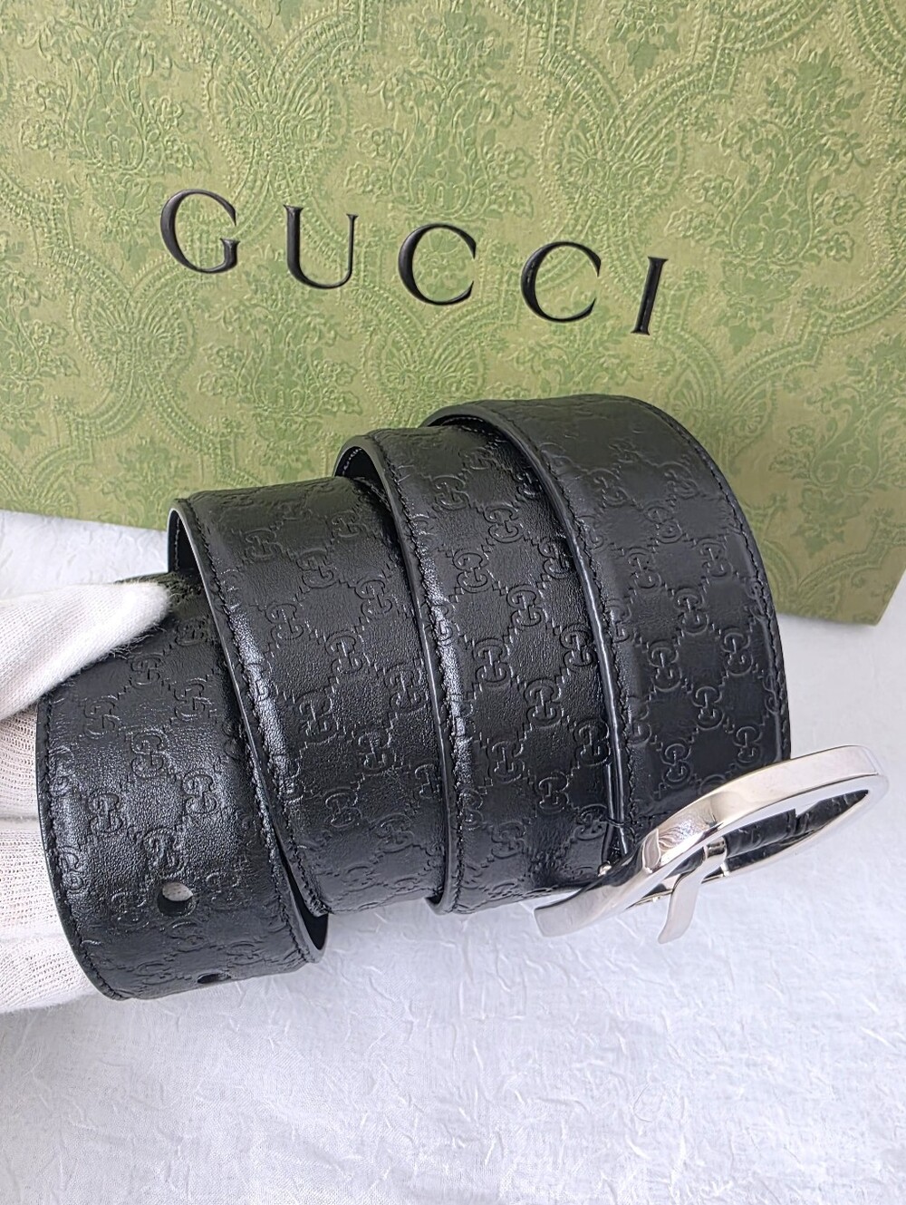Auth Gucci Guccissima Men Black Leather Belt with Silver Buckle